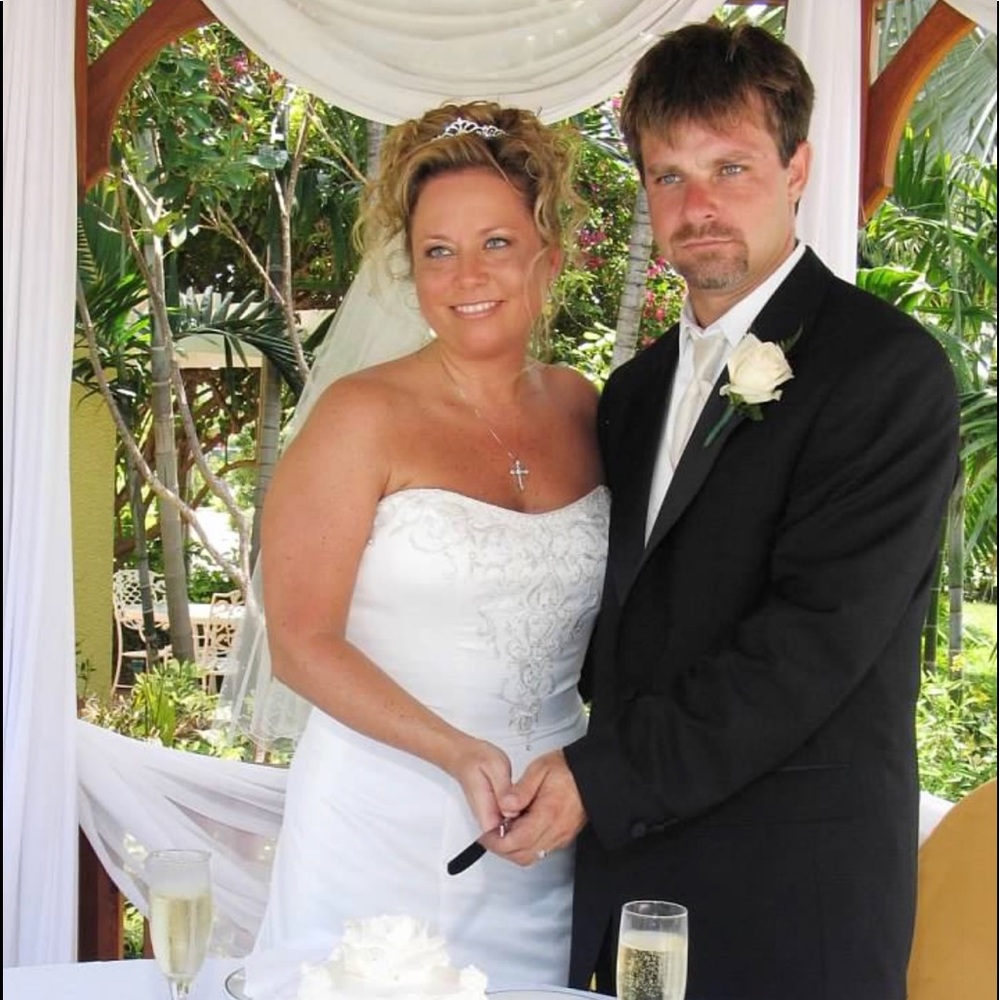 White strapless wedding dress, size 14, taken in.